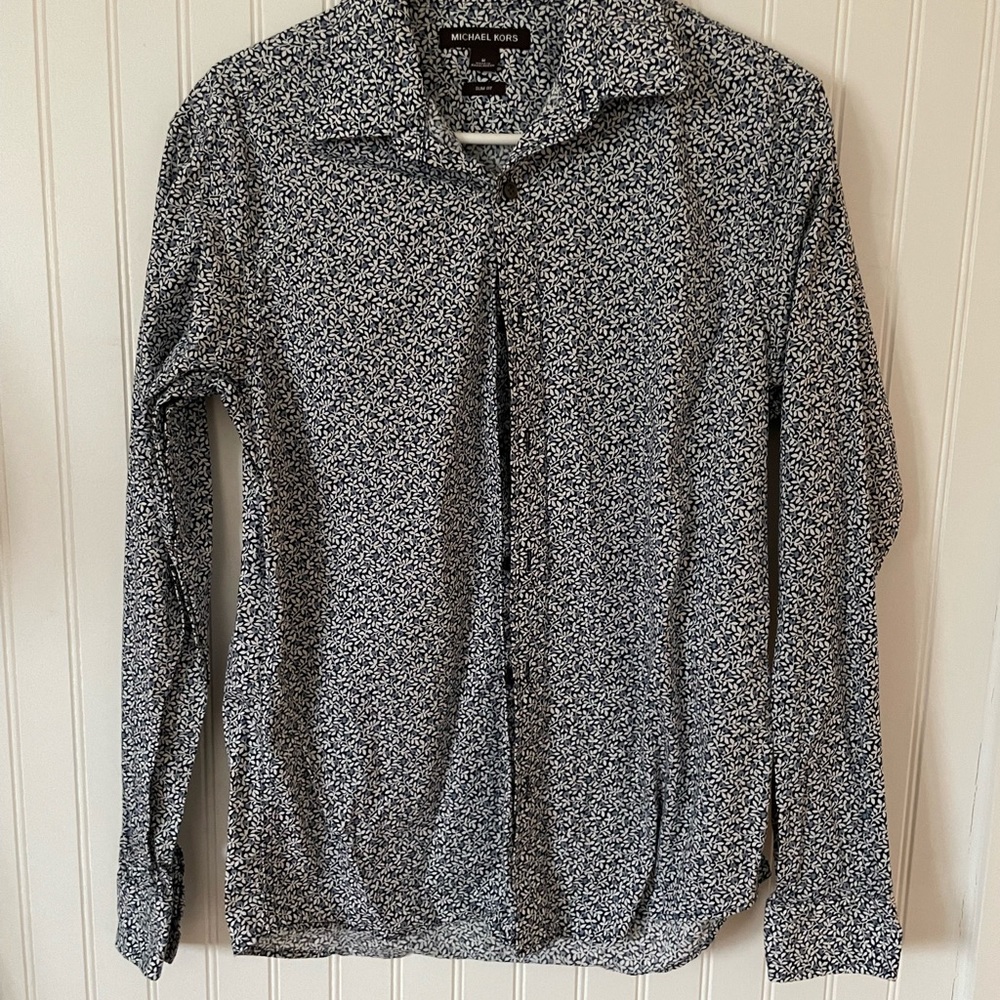 Michael Kors Blue Floral Long Sleeve Button Up